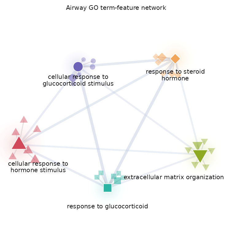 五个真实 GO 条目与各自六个显式显示基因构成的白底 community network;图中只标注 GO 条目。